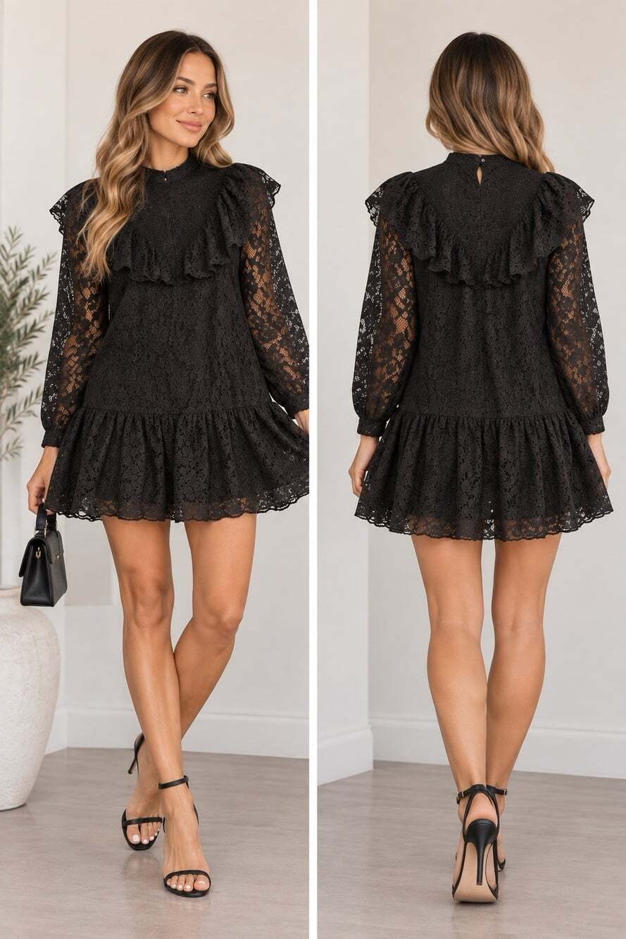Zara Stella Black Lace Ruffle Mini Dress Built In Shorts Size M NWT